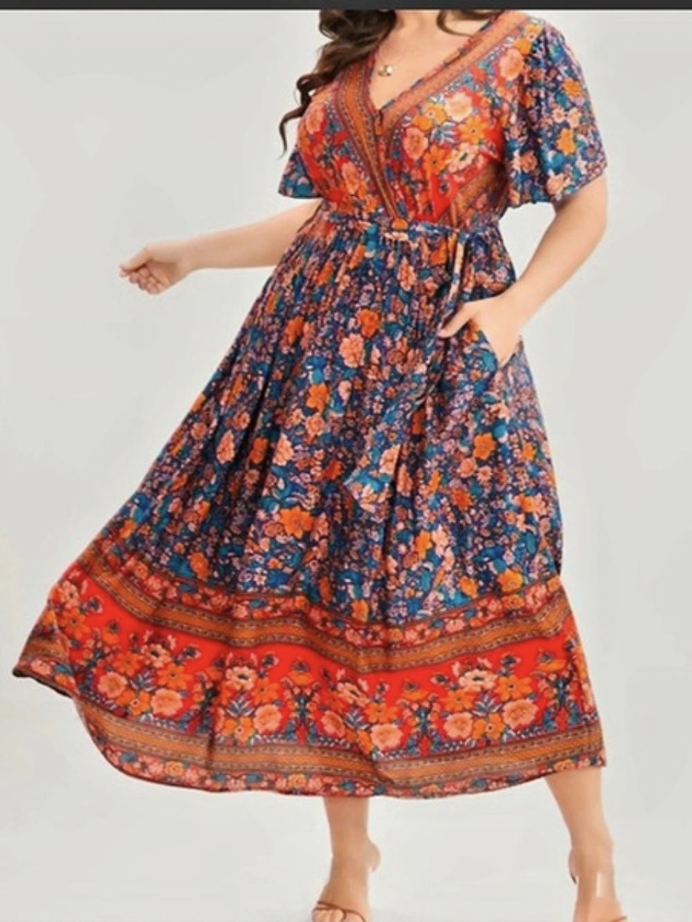 BloomChic Bandana Surplice Neck Pocket Belted Flutter Hem Maxi Dress